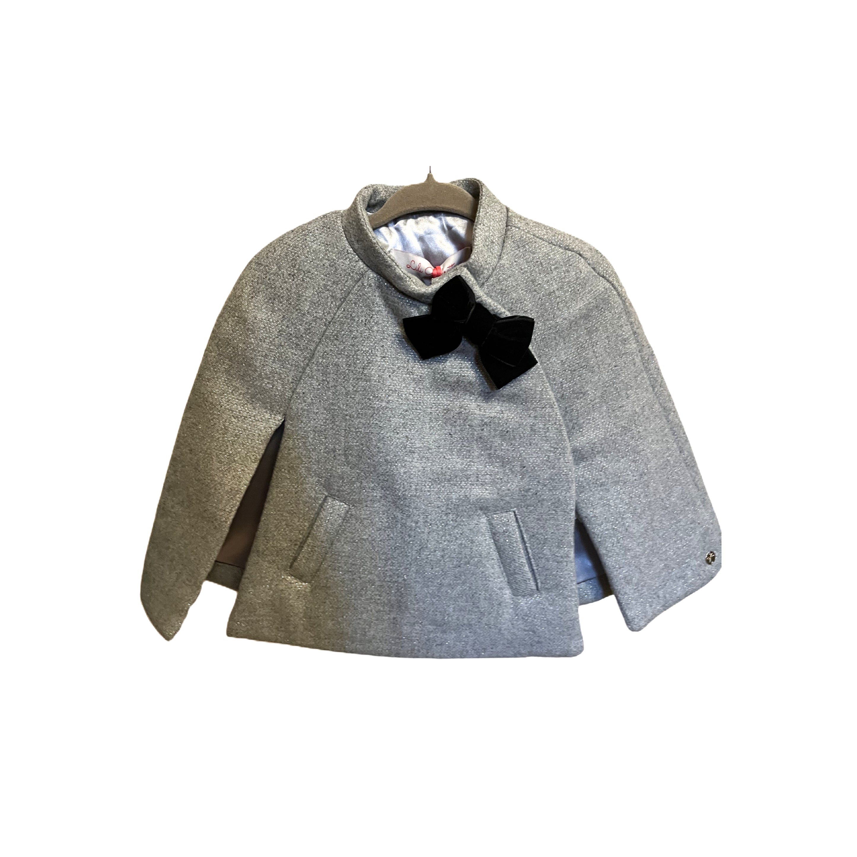 Lili Gaufrette Grey Wool Cape with Black Velvet Bow - SIZE 2