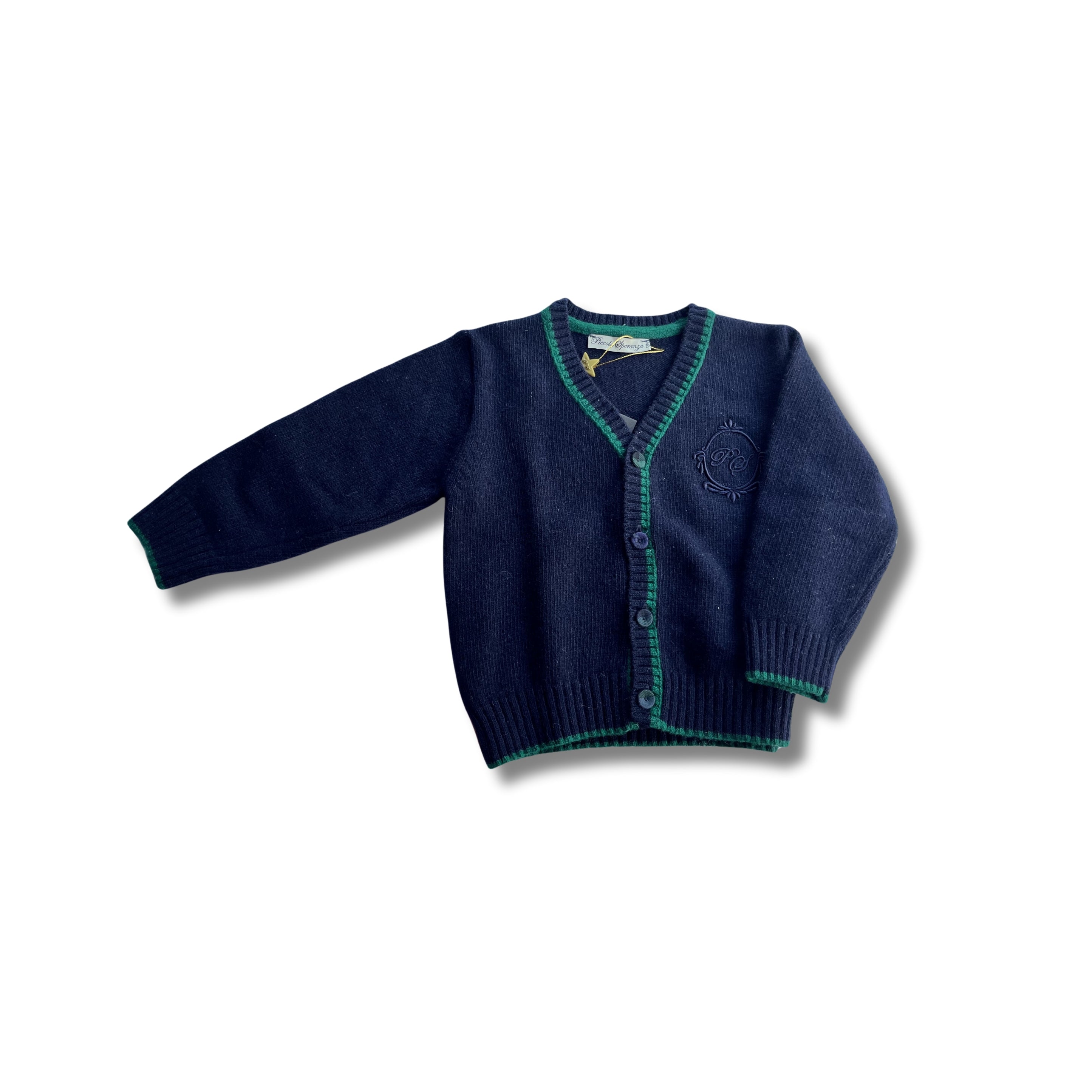 Piccola Speranza Navy and Green Stripe Wool Cardigan - SIZE 12mths