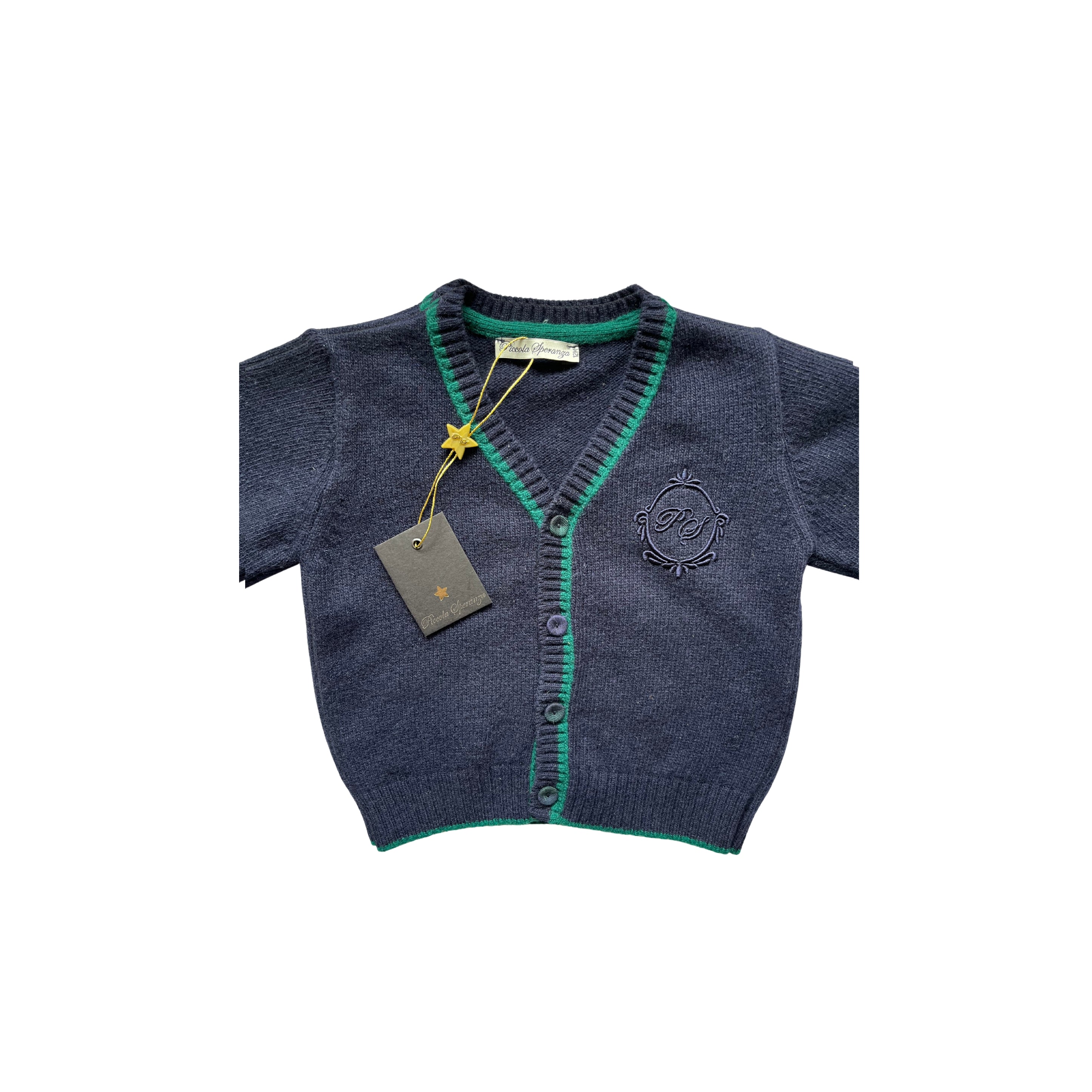 Piccola Speranza Navy and Green Stripe Wool Cardigan - SIZE 12mths