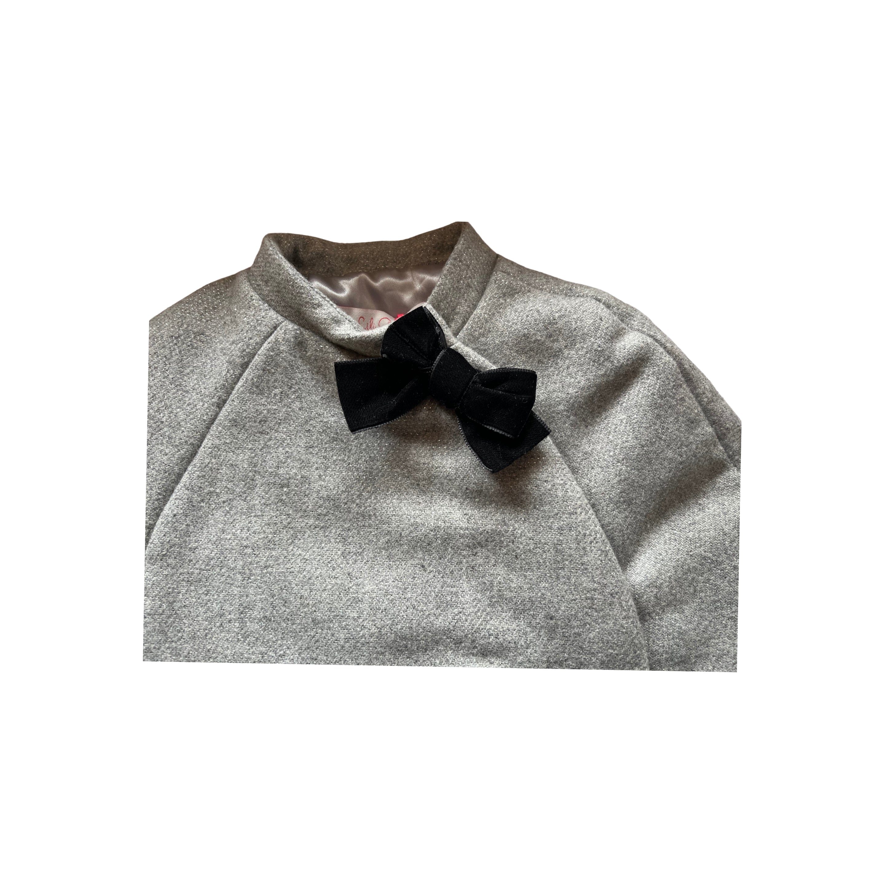 Lili Gaufrette Grey Wool Cape with Black Velvet Bow - SIZE 2